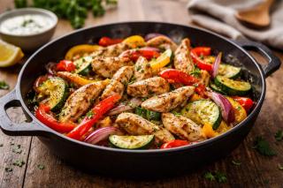Cină proteică în 15 minute pentru 2 persoane: pui la tigaie cu legume și sos de iaurt